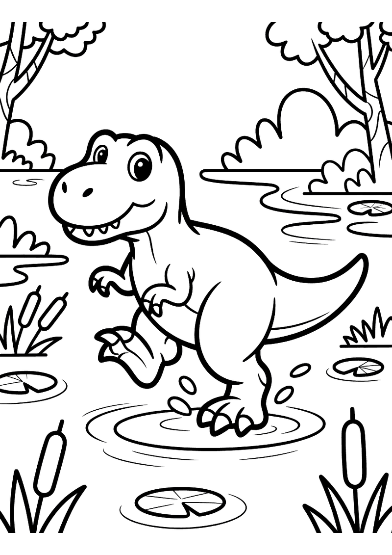 Kleurplaat van een T-Rex die door ondiepe moerasplassen loopt omringd door riet, waterlelies, bomen en struiken