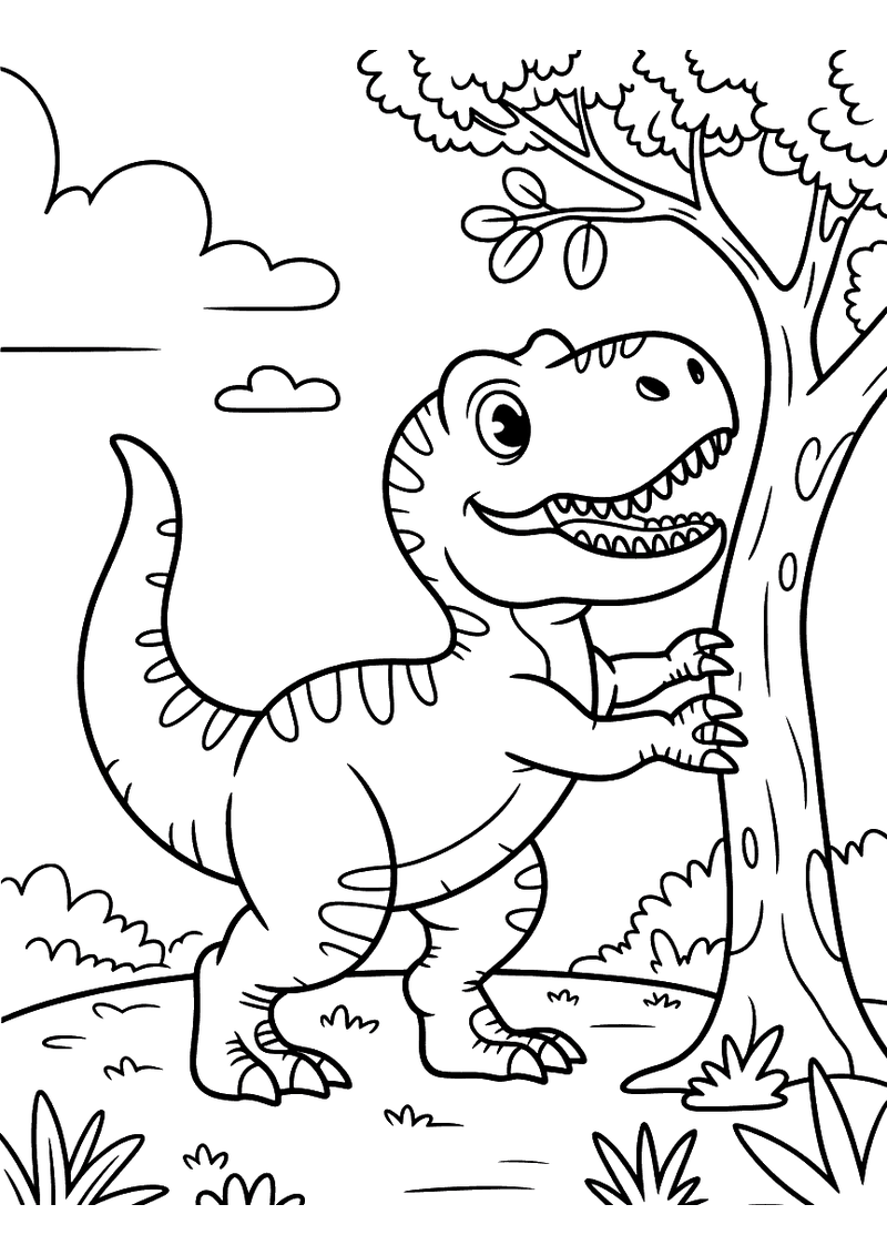 Kleurplaat van een T-Rex die naast een dikke boom staat met brede open bek en lacht terwijl hij zijn kracht toont in een