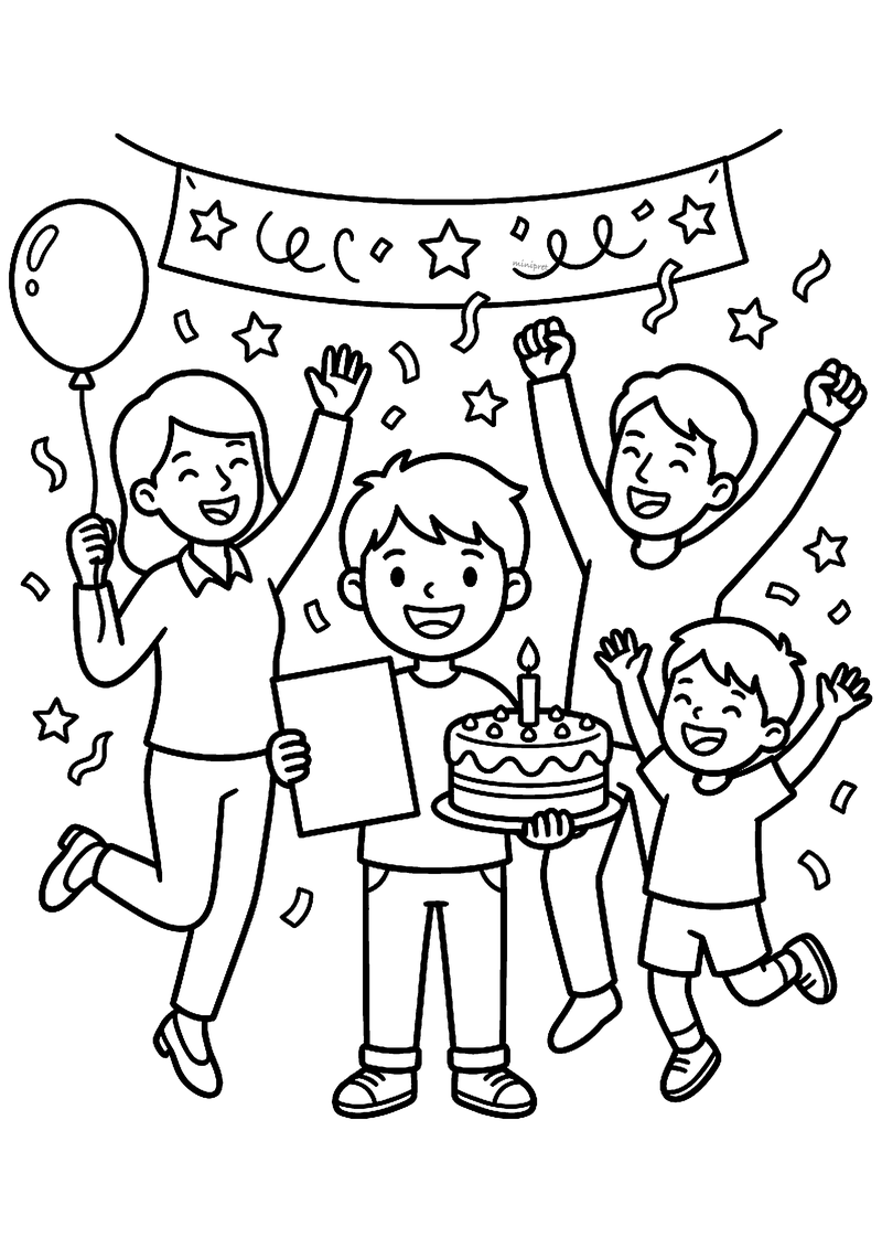 Kleurplaat van een juichende familie rond een jongen met een papier en een taart met kaarsje, tussen confetti