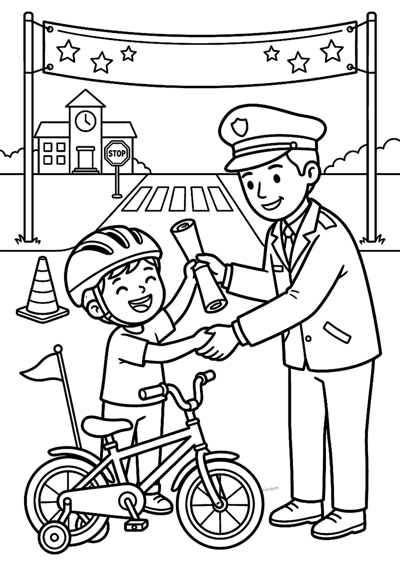 Kleurplaat van een agent die een opgerold diploma geeft aan een blij kind met helm naast een fiets met zijwieltjes