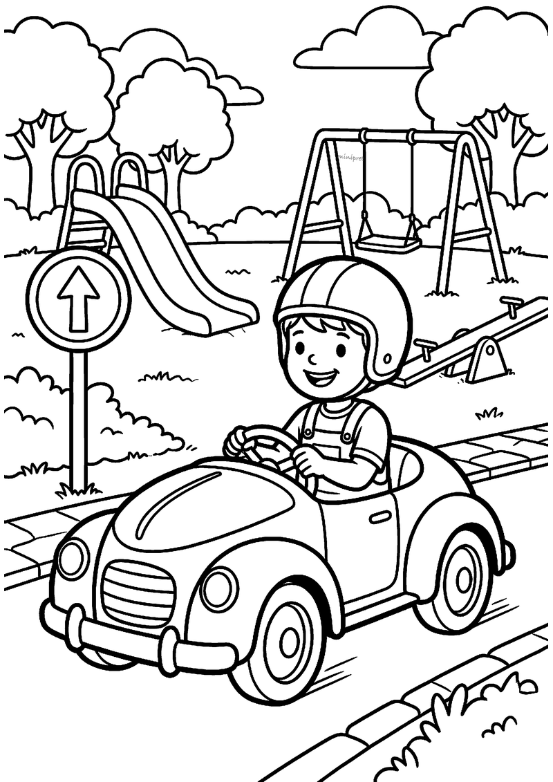 Kleurplaat van een kind met helm in een trapauto dat langs een verkeersbord met pijl rijdt bij een speeltuin