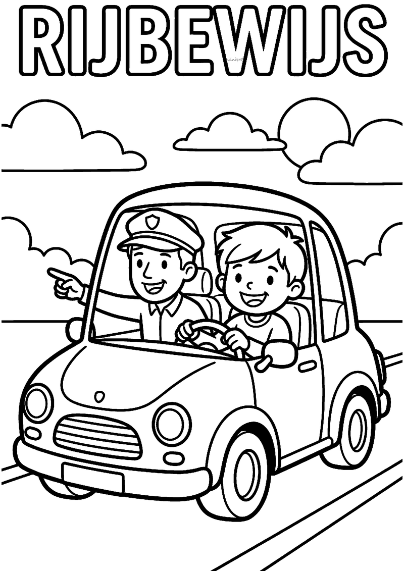Kleurplaat van een lachende leerling achter het stuur van een lesauto met de instructeur ernaast, RIJBEWIJS erboven