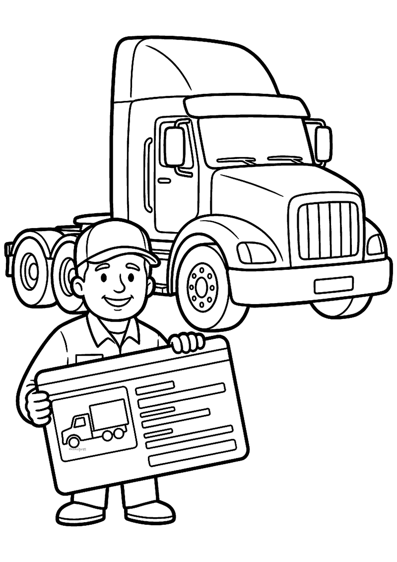 Kleurplaat van een vrachtwagenchauffeur met pet die een groot rijbewijs met een vrachtwagenplaatje toont voor zijn truck