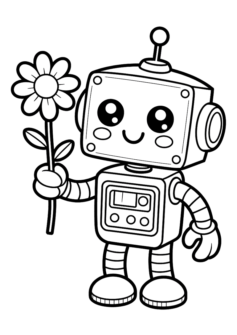Kleurplaat van een kawaii robot met antenne die een grote madelief in zijn handje vasthoudt.