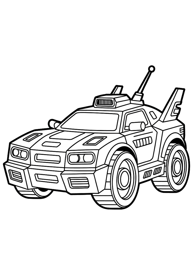 Kleurplaat van een futuristische robotauto met antenne, zijvleugels en gepantserde carrosserie als voertuig uit de toeko