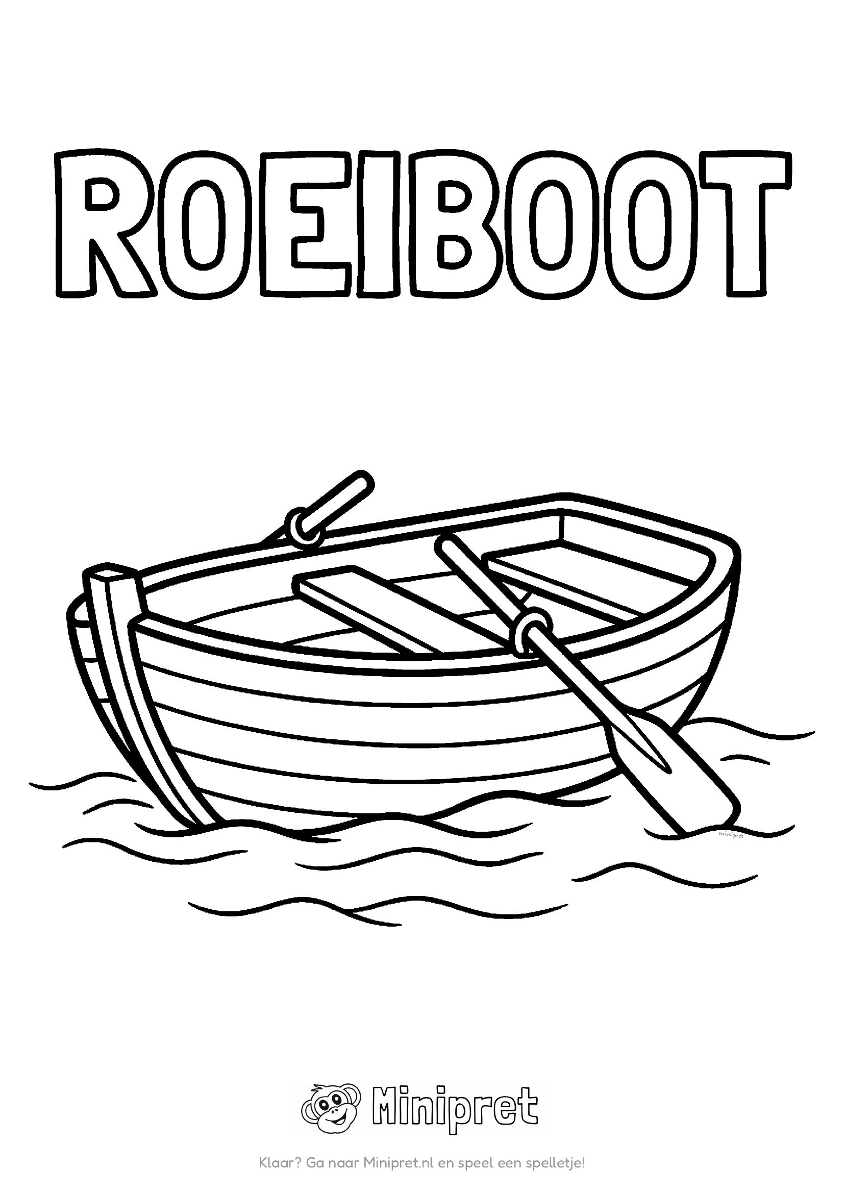Houten roeiboot met twee peddels op rustig water, met het woord ROEIBOOT in dikke holle letters erboven