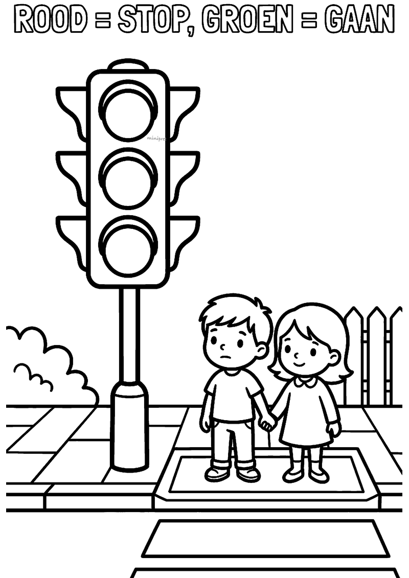 Kleurplaat van een groot stoplicht met drie lampen en twee kinderen die hand in hand wachten bij het zebrapad