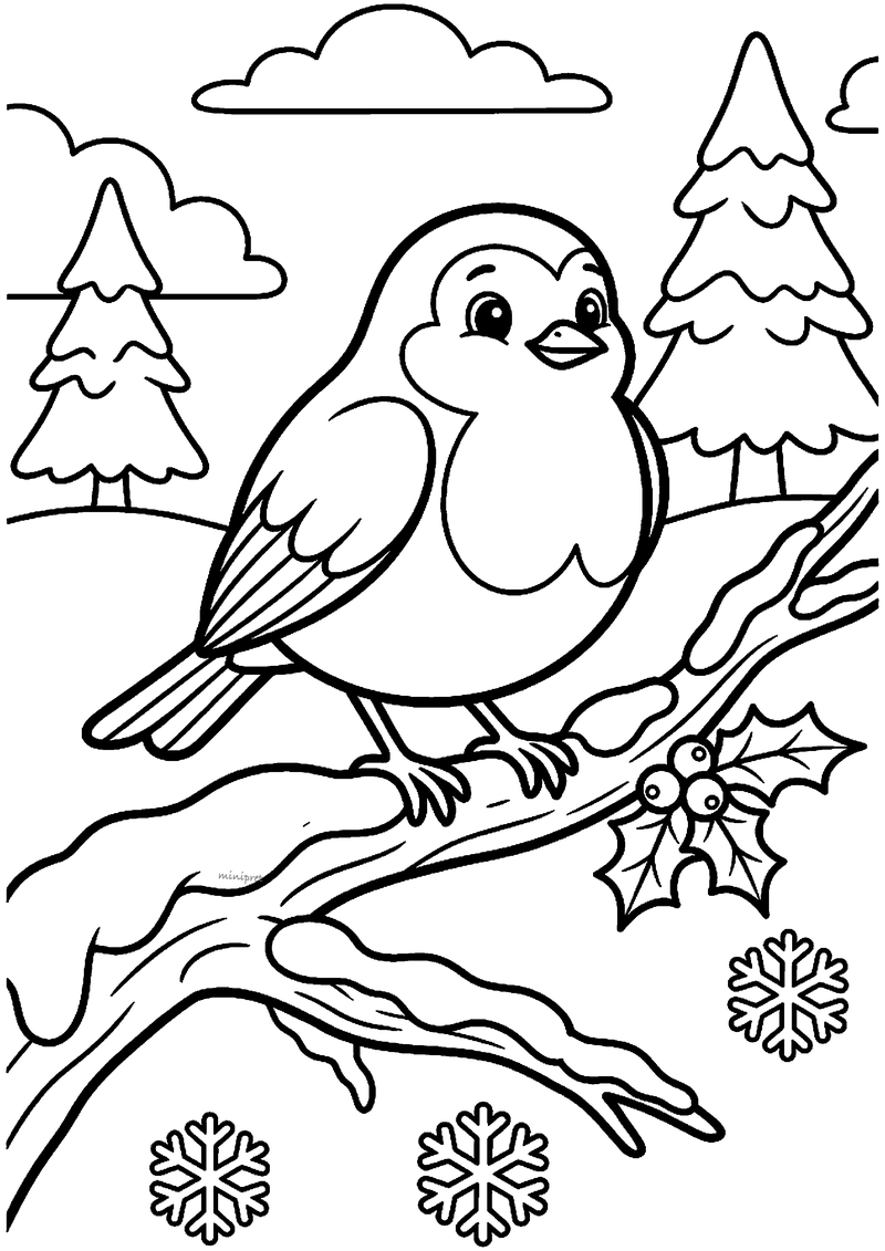 Kleurplaat van een schattig mollig roodborstje dat op een grote besneeuwde tak zit met hulstblaadjes, dennen en.