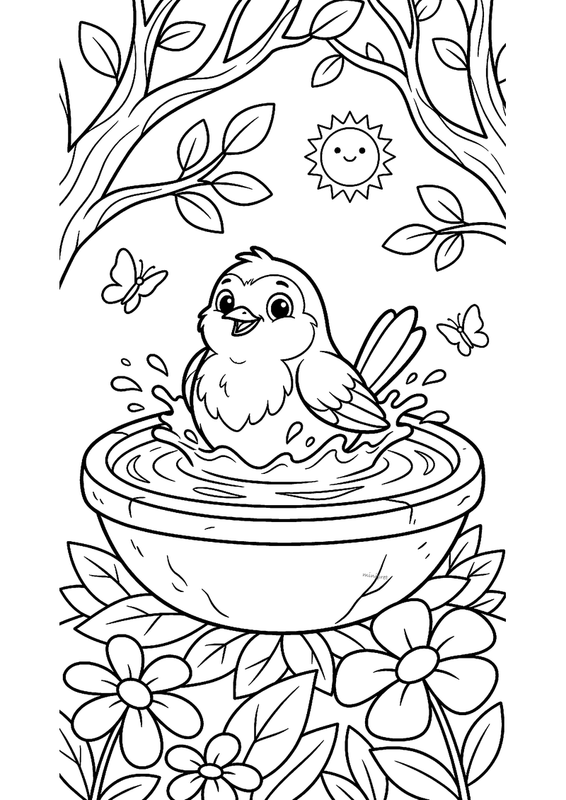 Kleurplaat van een roodborstje dat spetterend in een vogelbad zit, met vlinders, takken, bloemen en een zonnetje