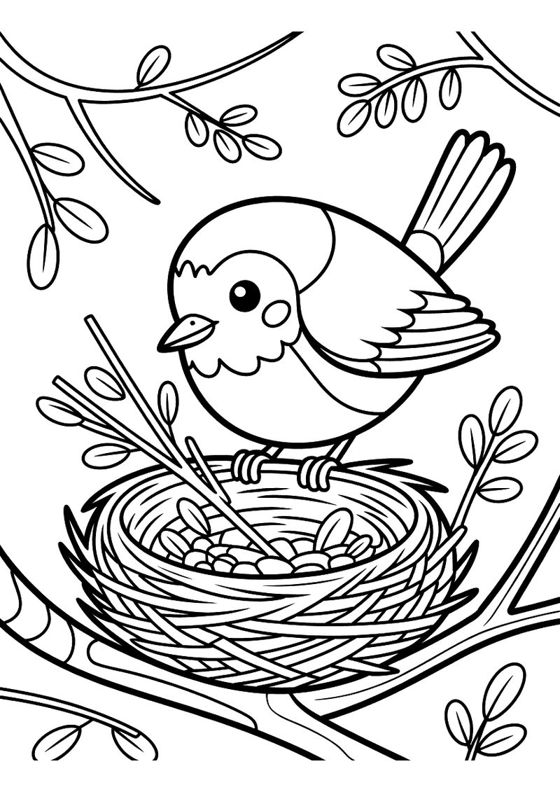 Kleurplaat van een roodborstje dat op een gevlochten nest vol eitjes zit op een tak met jonge blaadjes aan weerszijden