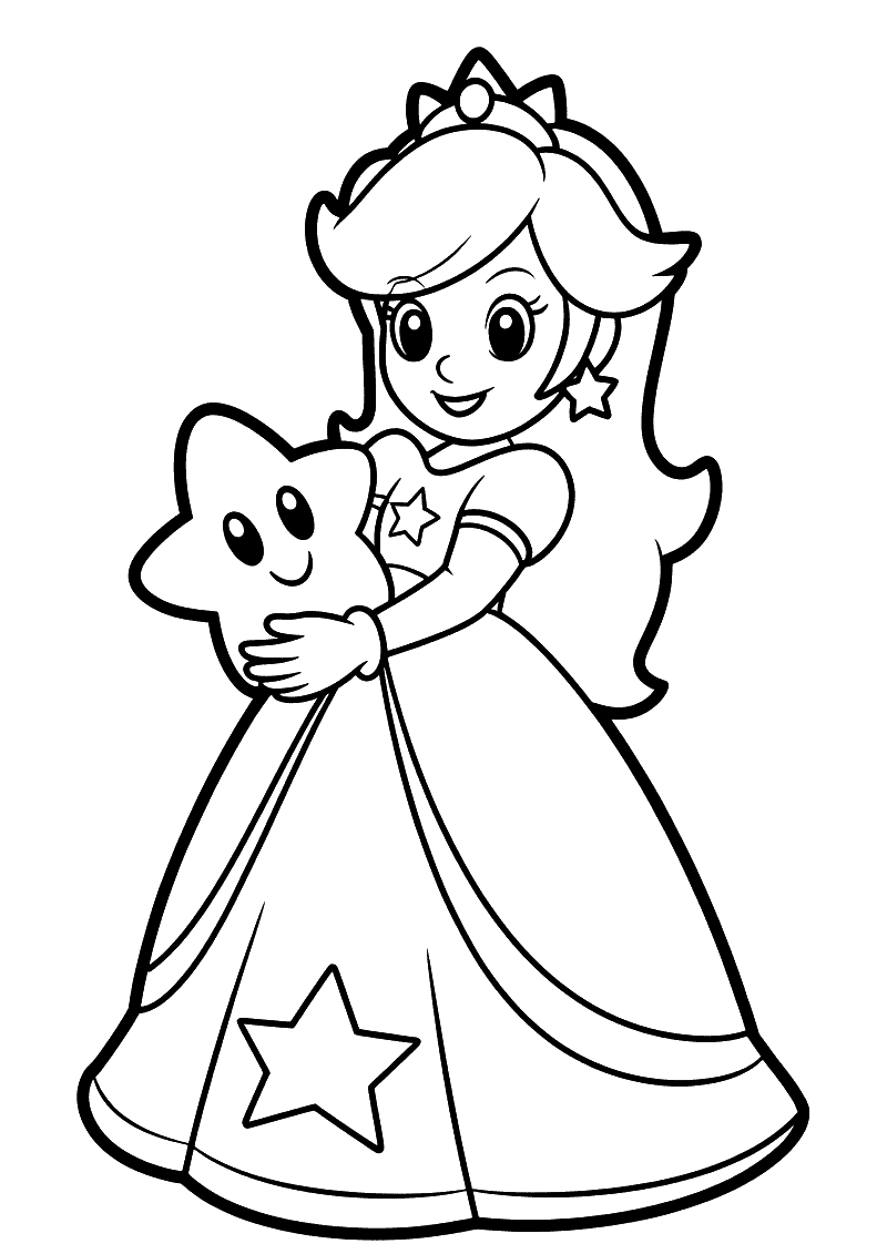 Kleurplaat van Rosalina in een lange jurk met sterren die een schattige Luma-ster omhelst, groot portret