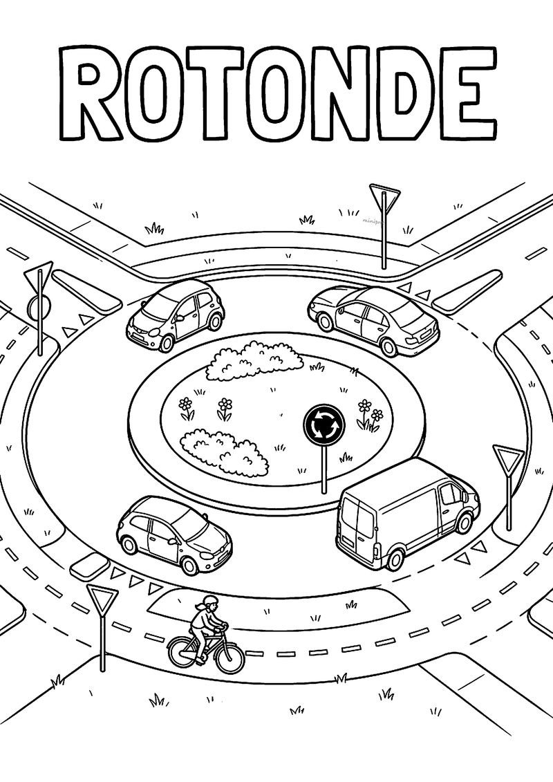 Kleurplaat van een rotonde van bovenaf met drie auto's, een bestelbus, een fietser en voorrangsborden