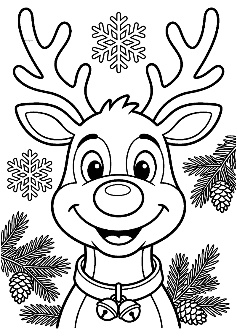 Kleurplaat van Rudolph het rendier met grote geweien, ronde glimmende neus en kerstbelletje aan een halsband.