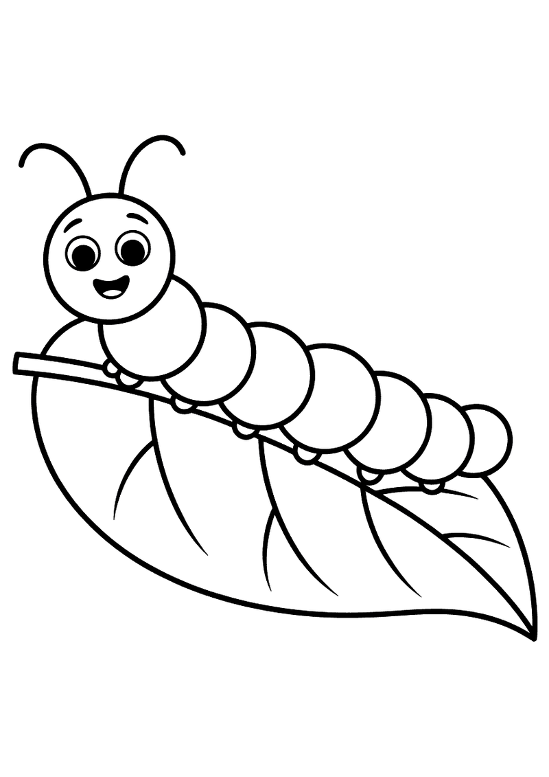 Kleurplaat van een lachende rups met antennen die op een groot ovaal blad aan een tak kruipt