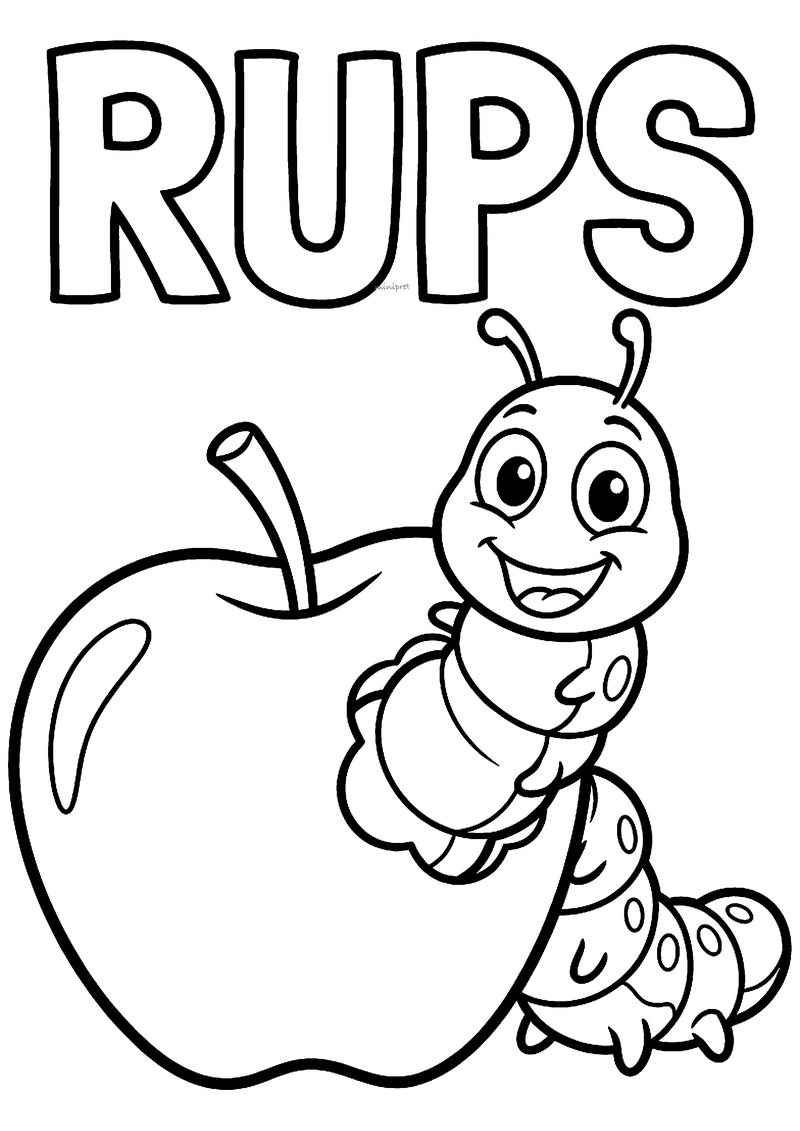 Kleurplaat van een vrolijke rups met voelsprietjes die zich om een grote appel met steeltje heen buigt, met RUPS erboven