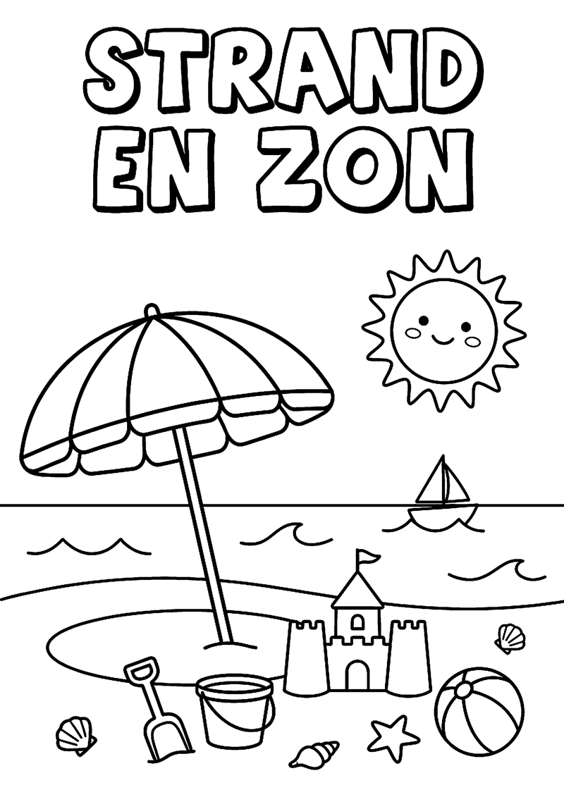 Rustige Strandscene met Zon en Parasol met Tekst Strand en Zon Zomervakantie Kleurplaat — gratis kleurplaat