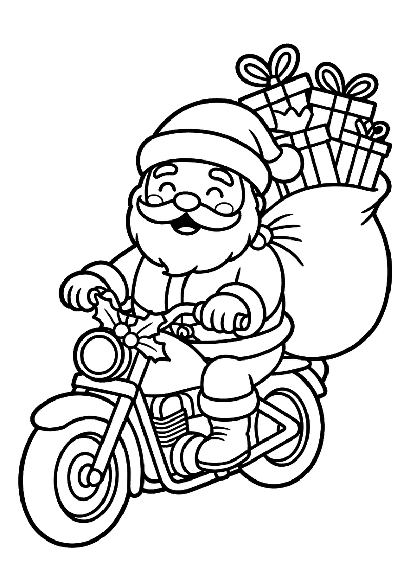Kleurplaat van een lachende Kerstman op een motor met een grote zak vol kleurrijke kerstcadeaus op de bagagedrager