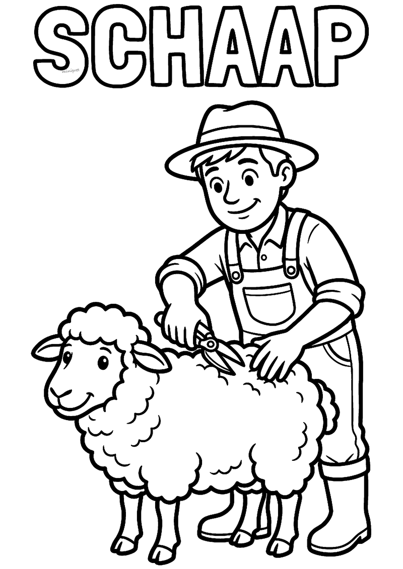 Kleurplaat van een boer met hoed en tuinbroek die met een schaar de wol van een lachend schaap knipt, met SCHAAP erboven