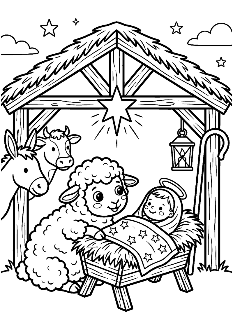 Kleurplaat van een wollig schaapje dat met poten op de rand van een kribbe leunt waarin baby Jezus met halo ligt.