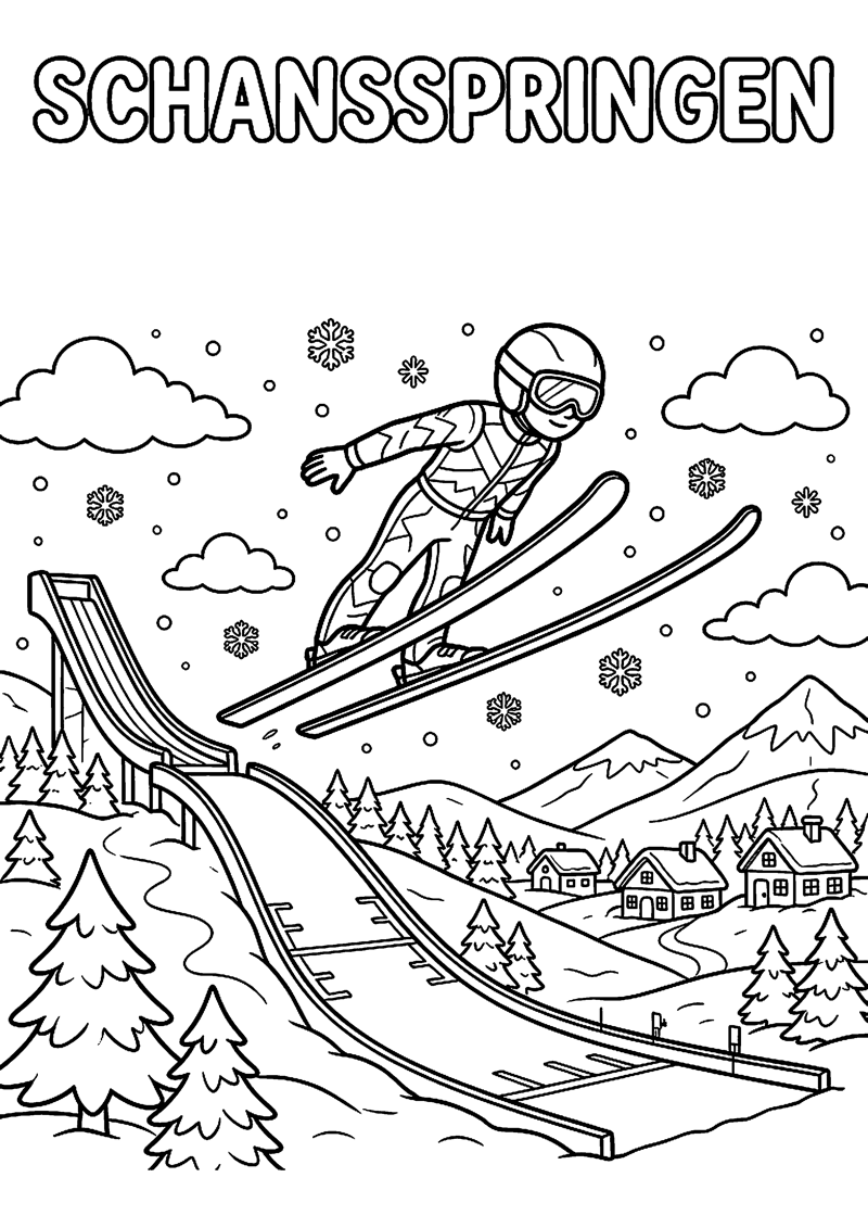 Schansspringer in Lucht Boven Sneeuwlandschap met Tekst Schansspringen Olympische Winterspelen Kleurplaat — gratis kleurplaat printen