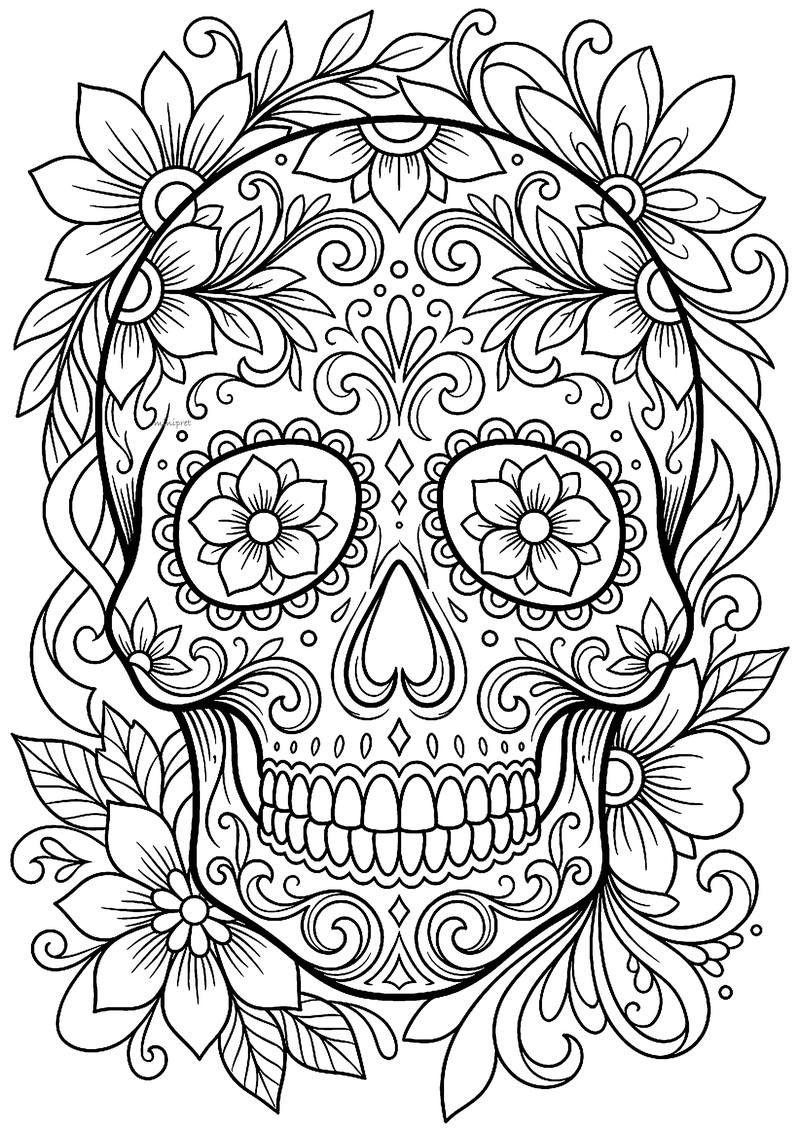 Sugar-skull met bloemen in oogkassen en bloemenkrans rondom, tattoo-flash lijntekening