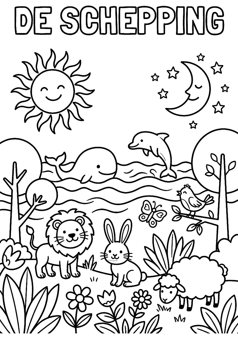 De schepping met dieren, zon en maan kleurplaat