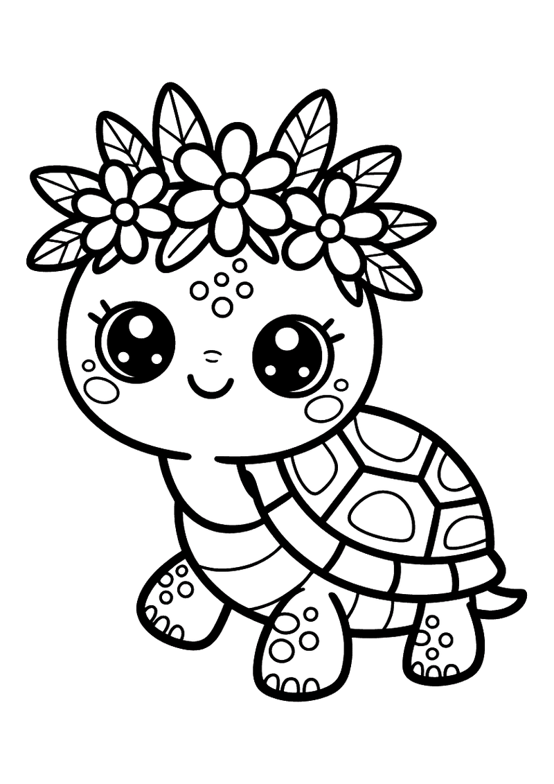 Kleurplaat van een baby schildpad met grote ogen en een bloemenkrans op zijn hoofd die vrolijk loopt.