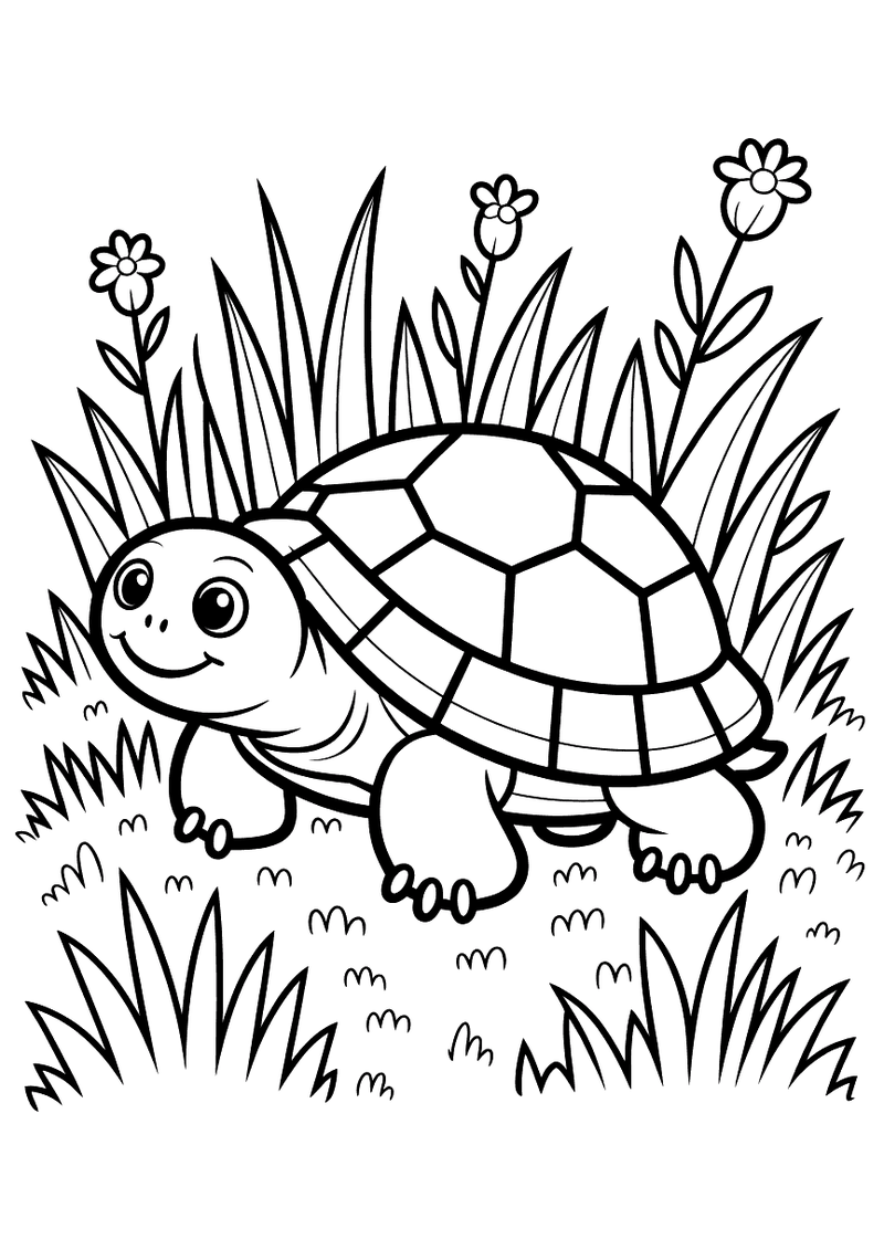 Kleurplaat van een schildpad met een getekend schild die door hoog gras loopt met kleine bloemen en planten om hem heen