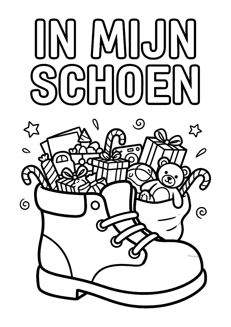 Kleurplaat van een hoge laars vol cadeaus en knuffel met tekst IN MIJN SCHOEN en sterren