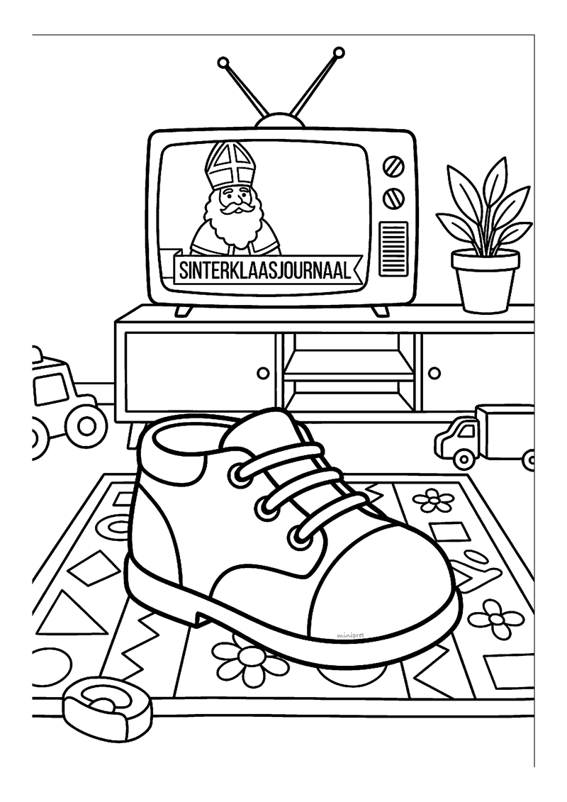 Kleurplaat van een kindersneaker op een kleed voor een tv waarop Sinterklaas in het sinterklaasjournaal te zien is