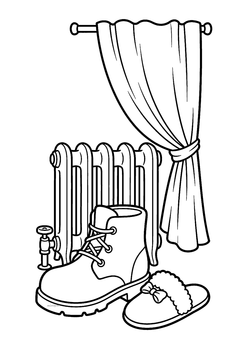 Kleurplaat van een hoge schoen voor een gietijzeren radiator met gordijn en pluizige sloffen ernaast