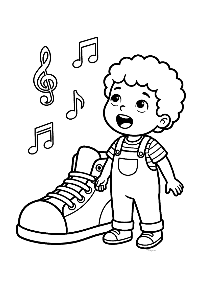 Kleurplaat van een lachend kind met krullen dat zingt naast een grote sneaker met muzieknoten