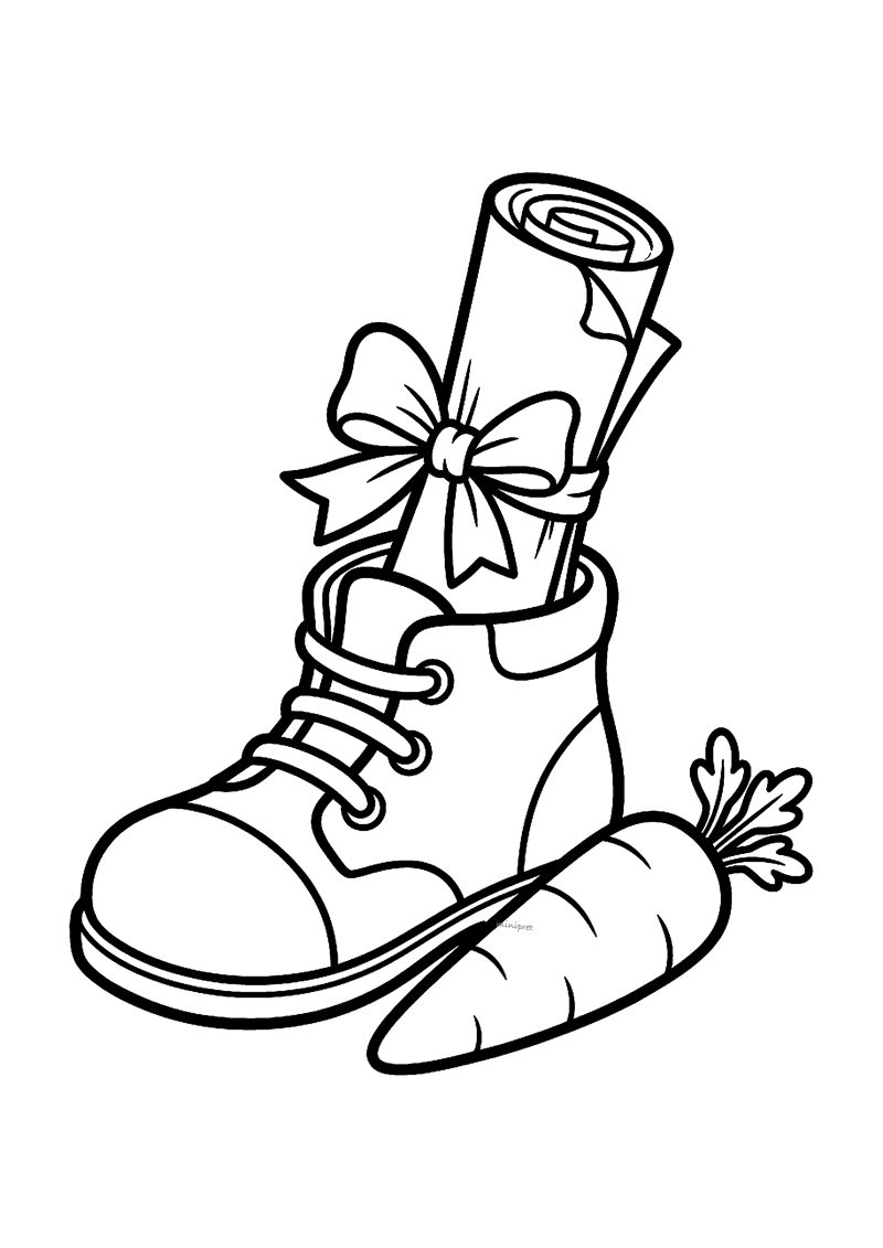 Kleurplaat van een hoge schoen met opgerolde tekening met strik en wortel ernaast
