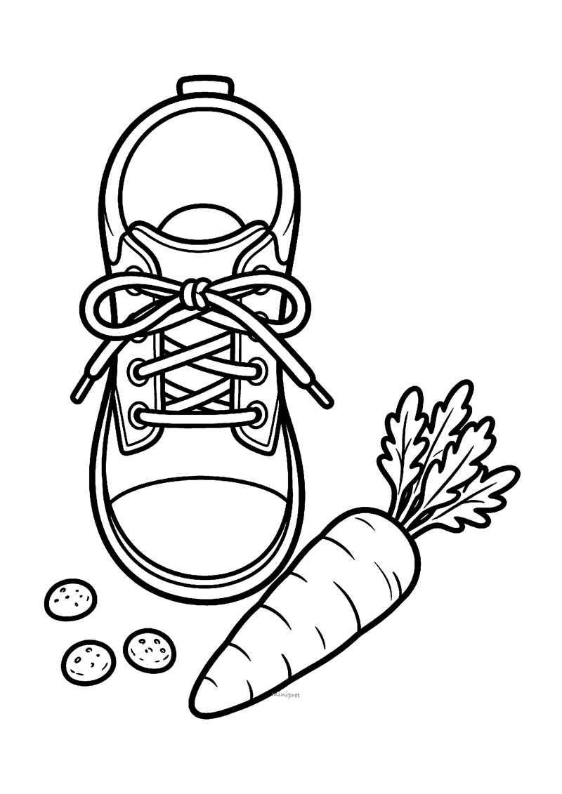 Kleurplaat bovenaanzicht van een sneaker met strikje, met wortel en kruidnoten ernaast