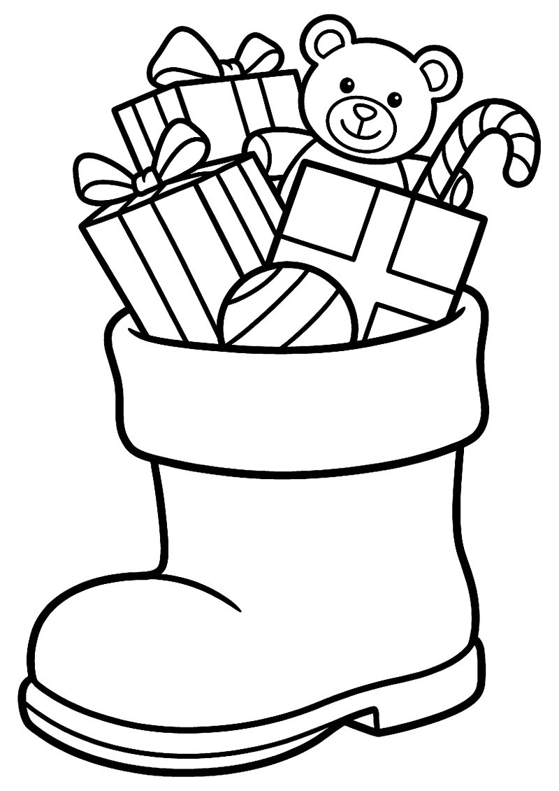 Schoen met cadeautjes kleurplaat — gratis kleurplaat