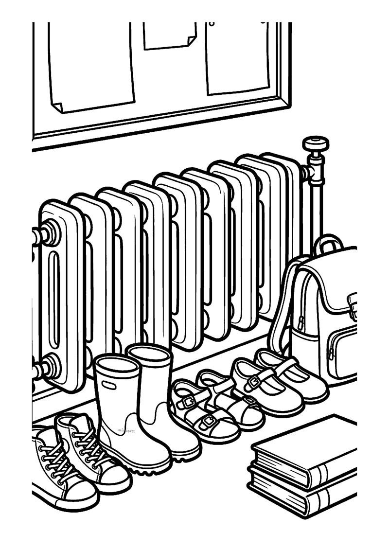 Kleurplaat van een rij schoenen en laarzen onder een radiator in de klas met boeken en rugzak