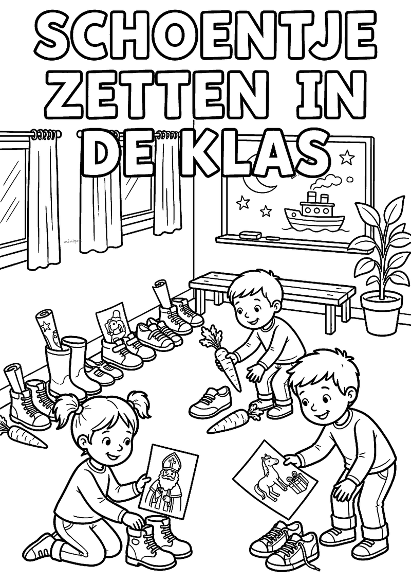 Kleurplaat van drie kinderen die schoenen met wortels en tekeningen neerzetten, titel Schoentje zetten in de klas