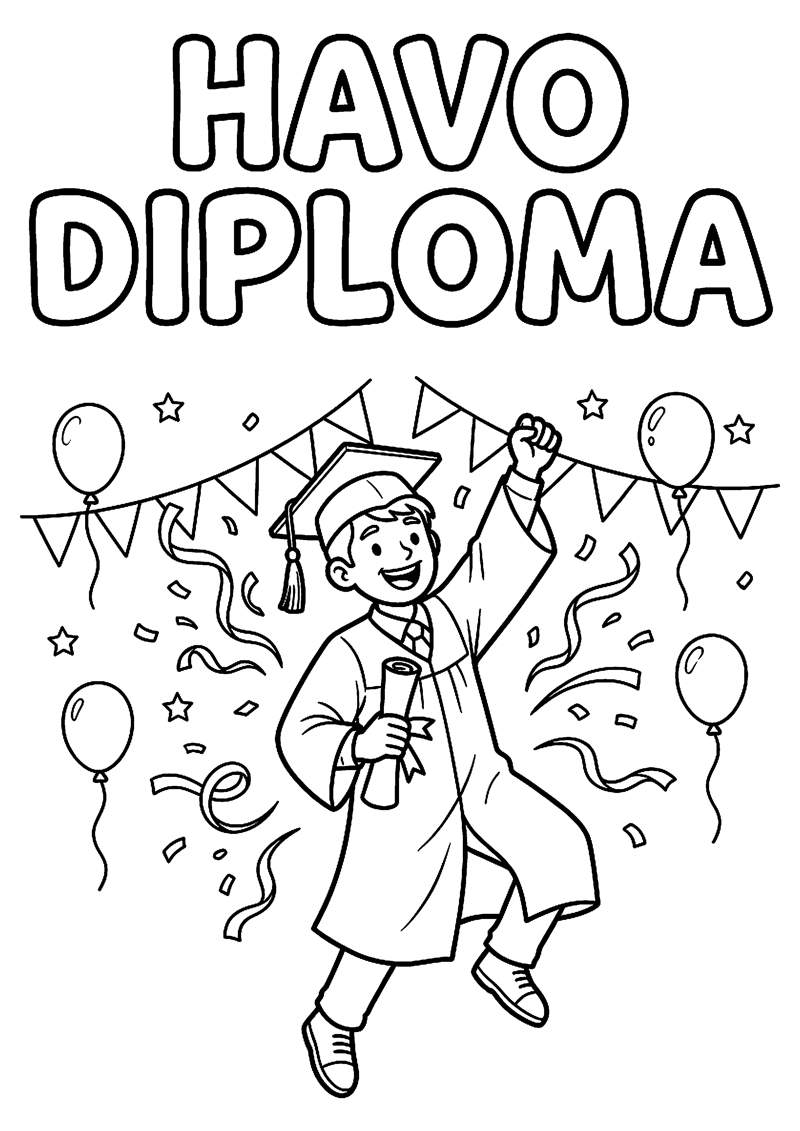 Scholier met Diploma Slingers en Feestelijke Pose met Tekst Havo Diploma Geslaagd Kleurplaat — gratis kleurplaat