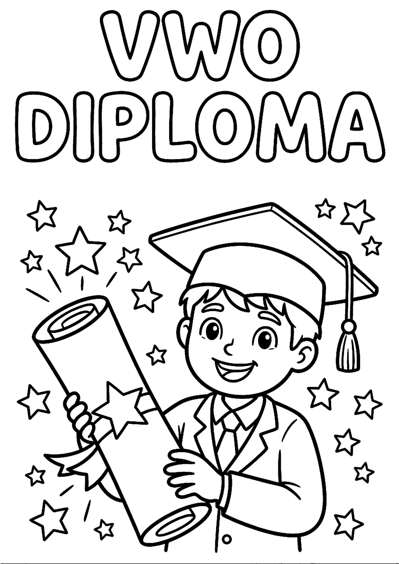 Scholier met Diploma Sterretjes en Glimlach met Tekst Vwo Diploma Geslaagd Kleurplaat — gratis kleurplaat