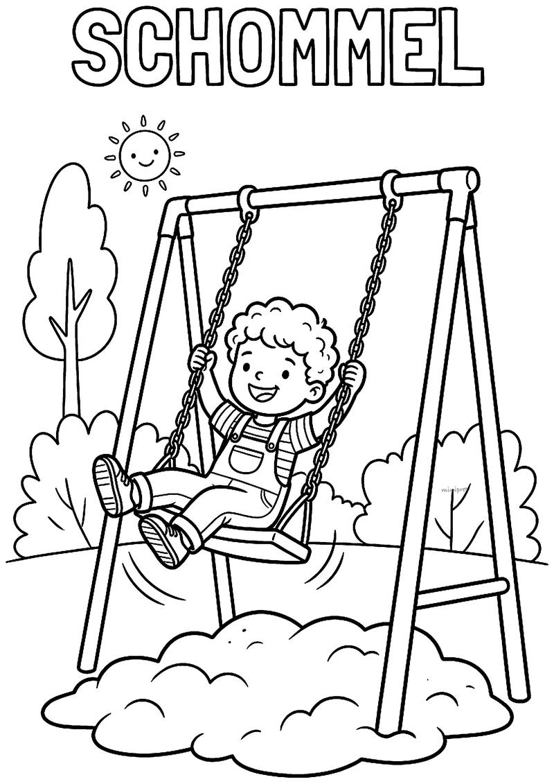 Kleurplaat van een lachend kind met krullen en tuinbroek dat hoog schommelt in de speeltuin onder een lachende zon