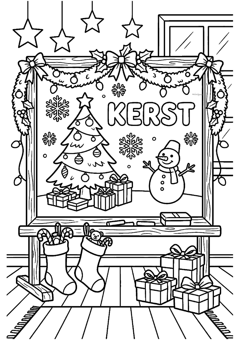 Kleurplaat van schoolbord met KERST-tekst, getekende kerstboom, sneeuwpop en sneeuwvlokken, met kerstkousen en cadeaus.