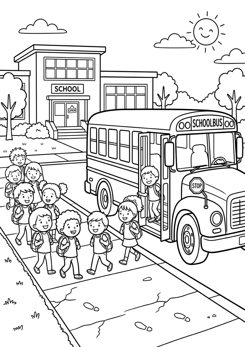 Schoolbus bij School Kleurplaat — gratis kleurplaat printen