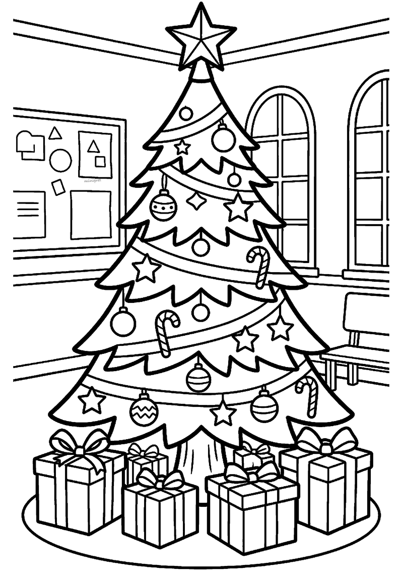 Kleurplaat van een grote kerstboom met ster, zuurstokken, sterren en kerstballen op een rond podium met cadeaus.