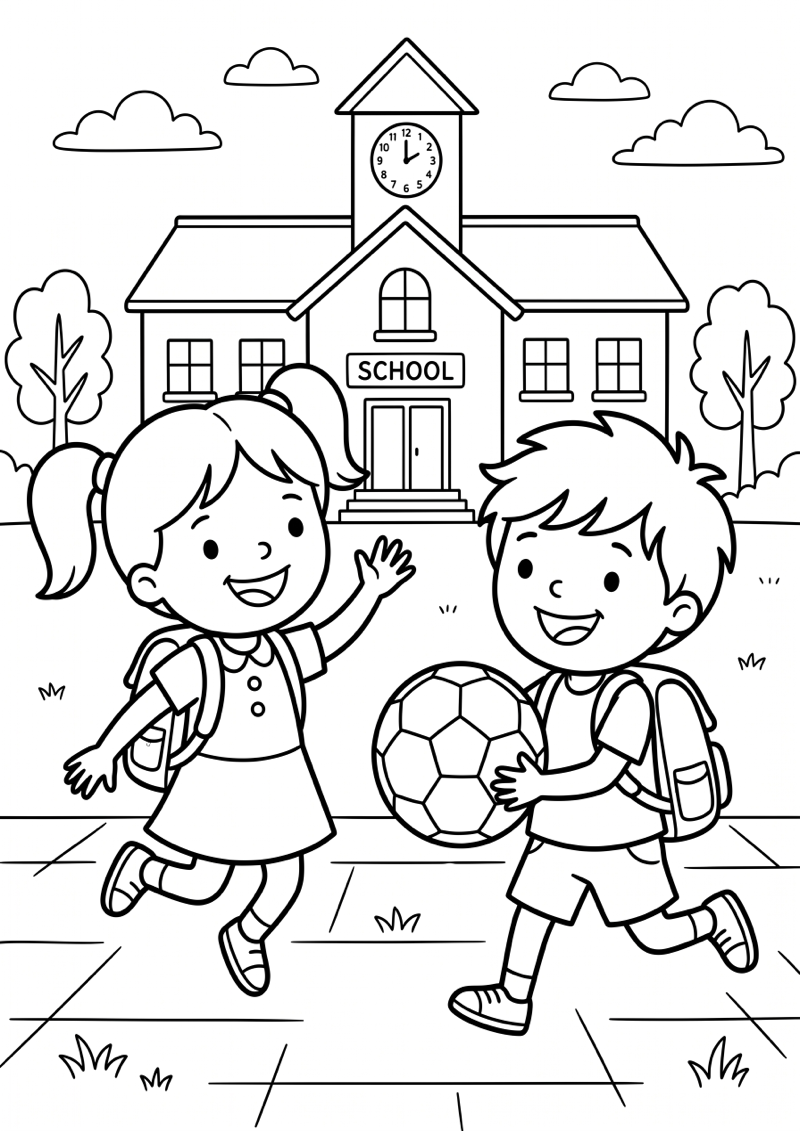 Schoolplein met Blije Kinderen Kleurplaat — gratis kleurplaat printen