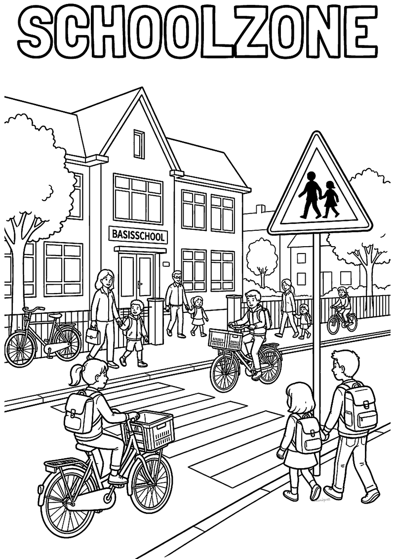 Kleurplaat van een schoolzone met basisschool, waarschuwingsbord, fietsers, ouders en kinderen op het zebrapad