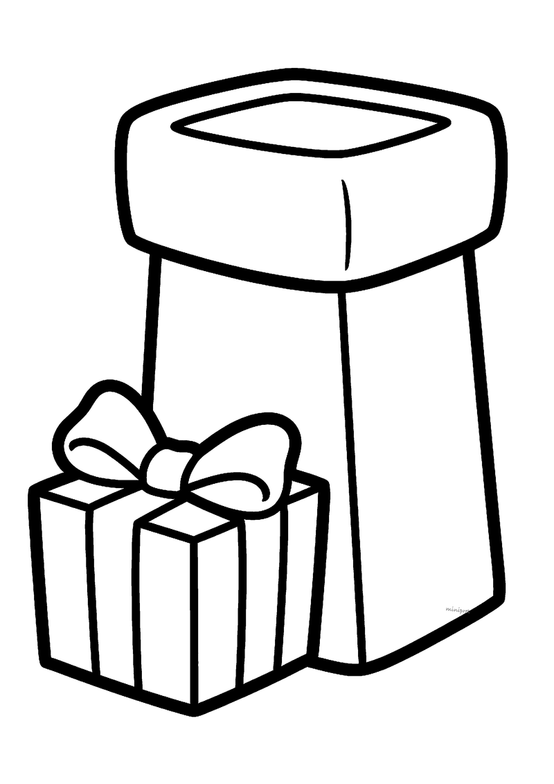Kleurplaat van een grote schoorsteen met een cadeautje met strik ervoor, getekend met dikke lijnen