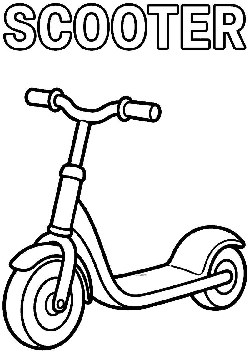 Kleurplaat van een eenvoudige step met stuur, voorwiel, achterwiel en spatbord, met het woord SCOOTER erboven