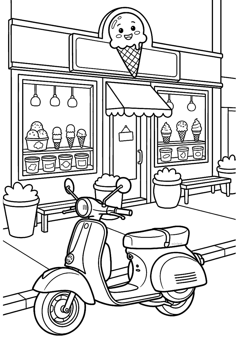 Kleurplaat van een scooter op de stoep voor een ijssalon met een lachend ijsje als uithangbord en ijsjes in de etalage