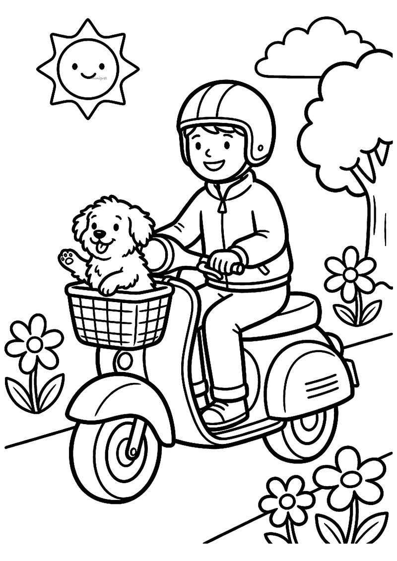 Kleurplaat van een baasje met helm op een scooter met een pluizig hondje dat zwaait vanuit het mandje voorop