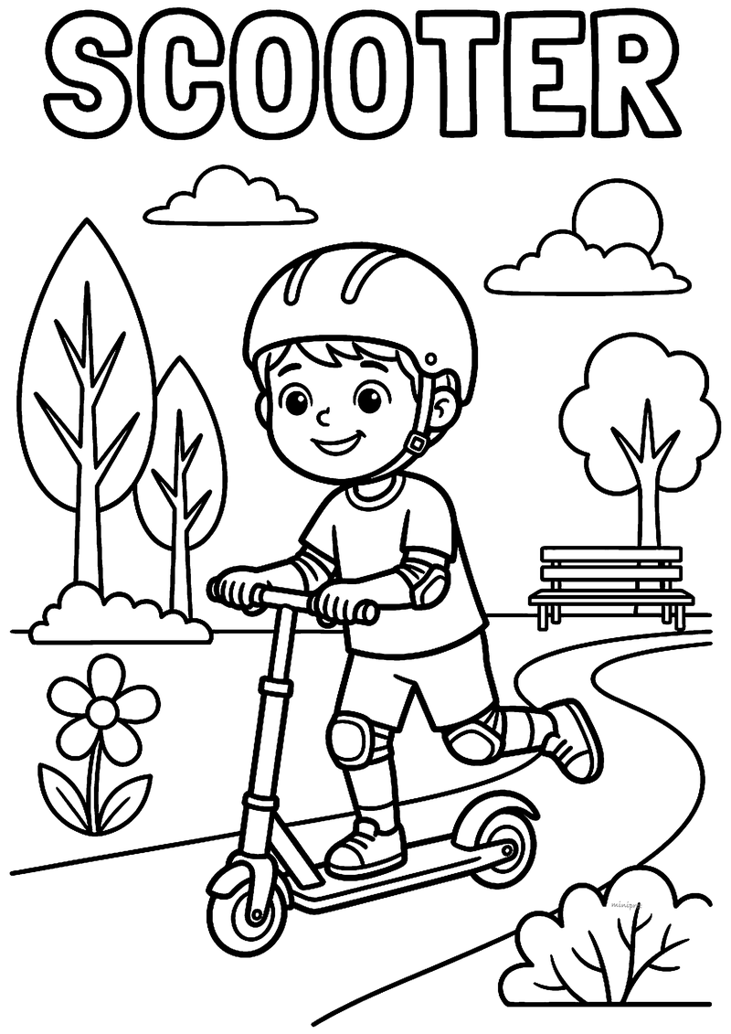 Kleurplaat van een jongen met helm en kniebeschermers op een step in het park, met bomen en een bankje